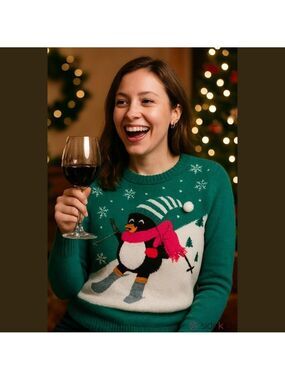 Women's Large Green Ugly Christmas Sweater Penguin Skiing